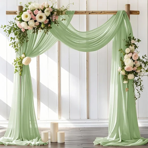 Elegant Sage Green Chiffon Archway Fabric- Boho Tasseled Linen Cotton Tablecloth - Picture 1 of 11